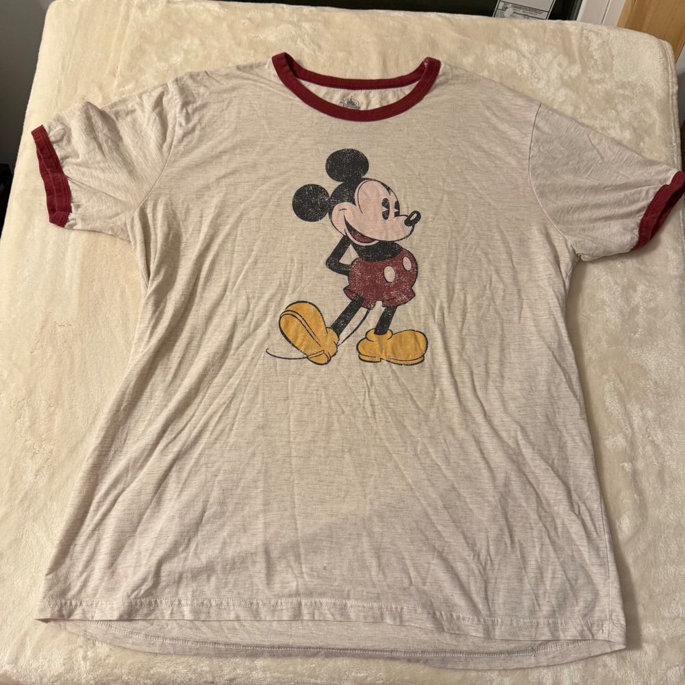 Disney Mickey Mouse Ringer Tee Heather Oatmeal Burgundy XL FAC-031319-19154